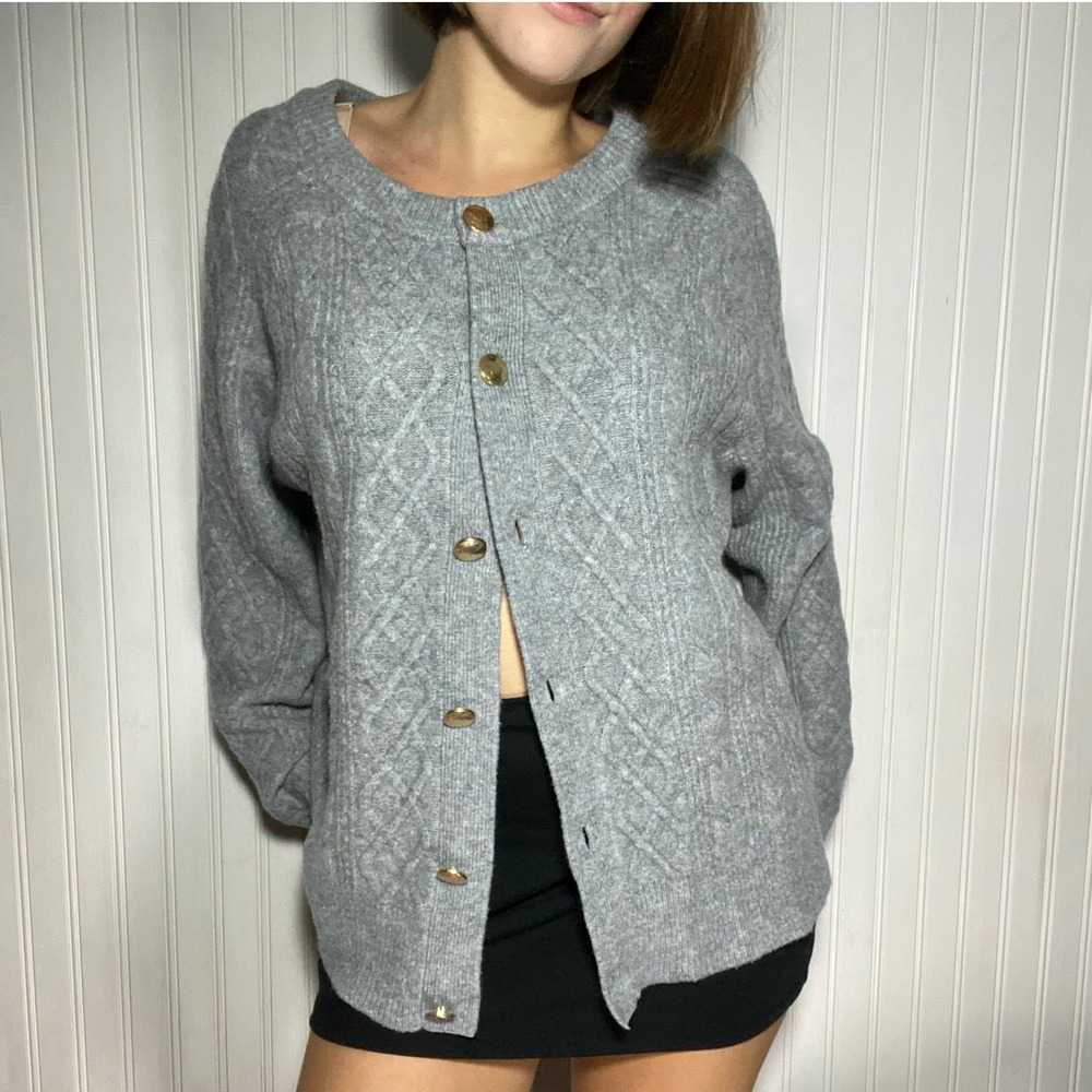 Universal Thread Preppy Grey Cable Knit Cardigan Gold Button Classic Chic - XXL